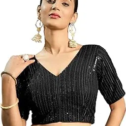 pujia mills Women's Indian Ethnic Wear Designer Silver Sequence with Matching Embroidered Work Deep V Neck Half Sleeve Readymade Padded Saree Blouse Readymade Unique Color Saree Blouse-picture-38