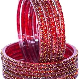 swara creations Crystal Rain Drop Red Glass Bangles set for women with Golden Dots design/perfect for every Occasions & Festival (12Pcs)-picture-16