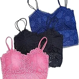 kamini Women's Lace Bralette Bra with Straps for Sexy Backless Tankini Tops, Pack of 3 Black Blue Pink Size 28 to 32-picture-30