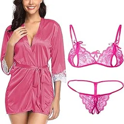 xs and os Women Satin Robe with Bikini Lace Bra Panty Lingerie Set-picture-48