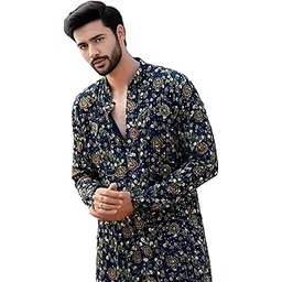 gg style Mens Traditional Floral Print Cotton Kurta, Navy Blue with Mandala Pattern, Long Sleeve Ethnic Wear-picture-21