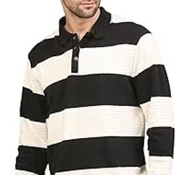 Men’s Sweatshirt Full Sleeve Rib Collar Neck with Placket Colour Block Stripe Cotton Blend Winter Pullover Smart Casual Semi-Formal-image-7