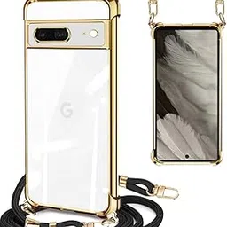 Google Pixel7 Case, Clear Shoulder Strap, Shockproof, Pixel 7 Case, Pixel 7 Smartphone Case, Samsung Shoulder Crossbody Sling Case, Korea, Transparent TPU Strap, Mobile Case Plating, Thin, Lightweight, Comes with Drawstring, Diagonal, Woven Strap, Neck Strap, Shoulder Case, Drop Prevention, Lost, Compatible with Qi Rapid Charging, Silicone Plated TPU Bumper (Gold)-image-42