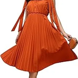 yanamora Women’s Pleated Midi Dress | Western Fit & Flare Dress with Shoulder Tie-Ups | Ideal for Parties, Holidays & Travel-picture-54