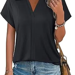 vivilli Women's Short Sleeve Tops and Blouses Business Casual Collared Tunic Shirt, Black, Medium-picture-44