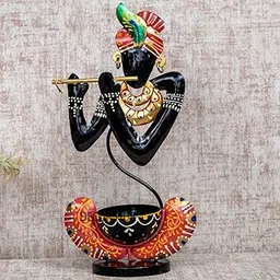 Decor Hub Hand-Painted Krishna Tea Light Candle Holder | Iron Design Tea Light Showpiece for Home Décor | Artistic Metal Figurine with Tealight Holder | 9 x 29 x 17 CM (Black)-image-43