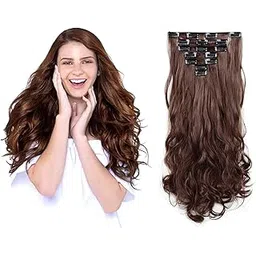 MoonEyes 6 pcs set Brown 16 clip Curly and Wavy Synthetic Hair Extension Hair Extension (Brown)-image-5