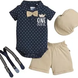 Baby Boys Cotton Checkered Half Sleeves Bodysuit & Short Set With Bow Suspender & Cap-image-16