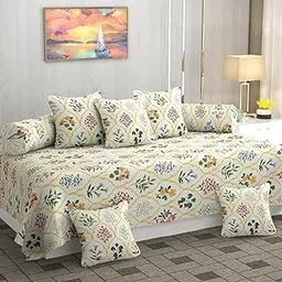 TIB Diwan Set Covers Glace Cotton 8 Piece Printed Design Diwan Set, 1 Single Bedsheet, 2 Bolster Covers, 5 Cushion Covers, White-picture-29
