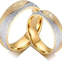 18k Gold Plated Titanium Steel Wedding Rings Sand Busted CZ Couple Ring-image-64