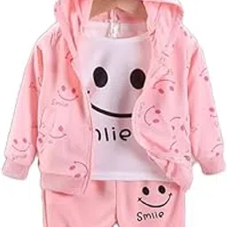 Cotton Blend Baby Girl's' 3 Piece Winter Clothing Set, Happy Face Smile Print T-Shirt, Hoodie Jacket And Jogger Pants For Infant Toddler Teedler Girl's Upto 5 Years-image-74