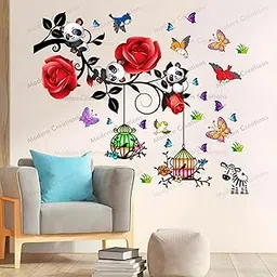 Decorative Wall Sticker with Pandas, Red Roses, Birdcages, Butterflies and Birds, Nursery Room Decor-picture-41