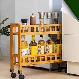 Beauty Panda 2 Layer Multipurpose Solid Wood Storage Organizer Slim Rack Shelf with Wheels | Slim Slide Out Kitchen Trolley Rack Holder Storage Organizer for Kitchen, Bathroom (Small 62*15*45, Brown)-picture-35