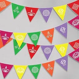 Party Propz, Diwali Festival Bunting Banner, Multicolour Triangle Flags with Traditional Indian Motifs, Double Layer Design-image-92
