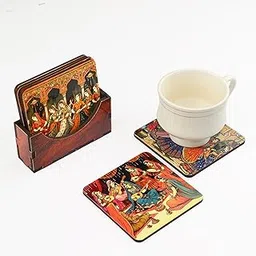Zepdos Handmade Wooden Coasters Set with Holder – Ethnic Rajasthani Art Print | Heat Resistant Tea Coffee Cup Coasters | Decorative Tableware Gift (Set of 6)-image-10