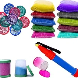 Ascension 10 Rangoli Powder Colors 80 gm Each Ceramic Colours Rangoli Color Powder Rang with 3 fillers, 10 Circle 4'' net Stencils & 1 Rangoli Making Pen for Navratri Pongal Pooja Mandir-image-2