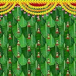 Banana Leaf with Red Hanging Flowers Printed Cloth for Pooja Decoration - Traditional Background Curtain Cloth for Festival (5x8 Ft), Washable Fabric-image-9