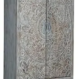 Goldview Furniture Solid Mango Wood Hand Carved Wardrobe for Bedroom | Wooden Storage Almirah | Carved Wooden Cupboard for Clothes | Grey Finish-image-70
