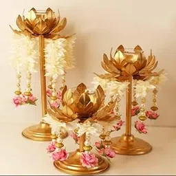 SA impex presensent Decorative Lotus Tea Light Candle Holder Set, 3 Golden Flower Stands with Stepped Base, Metal Diya Stand for Home Decor-picture-13