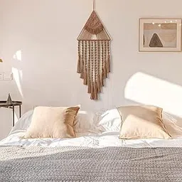 Genwayz Cotton Handmade Macrame Boho Wall Hanging Dream Catcher Triangle Tassel | Bohemian Wall Art Home Decor - Brown-picture-65