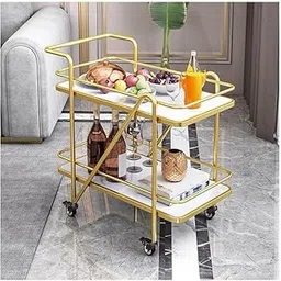 AALIYA MART Metal Coffee Table with Movable Wheels | 2-Tier Serving Trolley/Utility Cart for Living Room, Bedroom Food Serving Table | Multi-Functional Bar Trolley for Home & Restaurants (Gold White) image 1