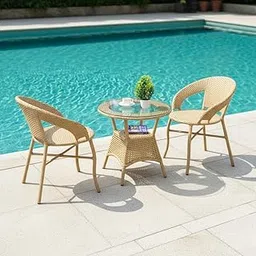 LOCCUS Outdoor 3 Piece All Weather Wicker Patio Rattan Chair and Table Bistro Set with Powder Coated Iron Frame for Balcony, Garden, Poolside, Deck (Beige)-image-2