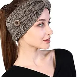 el regalo 1 PC Knitted Winter Woolen Warm Headband with Buttons for Face Mask Cover | Cold Weather Hair Accessories Head Wrap | Criss Cross Bow Winter Headbands for Girls/Teens/Women (Khakhi)-picture-18