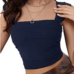 Women's Square Neck Ruched Wide Strap Crop Tank Top Summer Slim Fit Vest Top-image-0