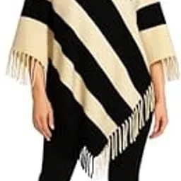 Women Striped Woollen Poncho with Fringe Trim, Winter Wear-image-96