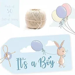 Its a Boy/Baby Shower/Birth Ceremony Gift Tags. Blue, Bunny and Balloon. 50 Gift Tags. with Jute String for attaching to Gifts and Cake Boxes.-image-3