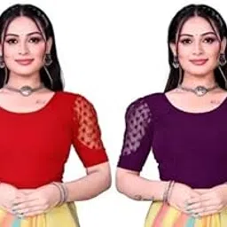 Round Neck Dobby Lycra Saree Blouse, Elbow Sleeve, Stretchable, Readymade-picture-46