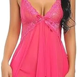 zoxowa Sexy Lace Babydoll Lingerie, Plunging V-Neck, Spaghetti Straps, Sheer Mesh Bodice, Adjustable Straps, Hot Pink, One Size image 1