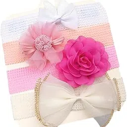 SYGA 4 Piece Baby Headband Set, Stretchable Handmade Nylon Bow and Flower Headdress for Newborn Infant Toddlers Kids-0-3 Years-Gold-rimmed bow-picture-31
