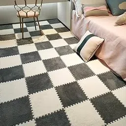 Puzzle Matinterlocking Carpet Shaggy Soft Foam Play Mat Velvet Fluffy Area Rugs, Square Plush Puzzle Floor Tiles Climbing Mats for Rooms Home Parlor Bedroom - Grey&White (10-PCS)-picture-43