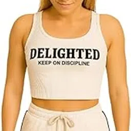 Women's Athletic Crop Top and Shorts Set, Delighted Slogan Print, Cream White with Black Trim-image-5