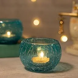 Homesake® Turquoise Glass Crackle Mosaic Candle Holder, Tea Light Holder Votive, (Set of 2, Turquoise)-picture-10