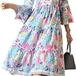 liboza 100% Cotton Floral Print Tiered Midi Dress, Bell Sleeves, Lace Trim Detail, White and Multicolour for Women, Office, Party, All Occassions-picture-49