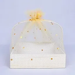 Elegant Gift Basket Empty Hamper with Gold Polka Dots and Tulle, Decorative White Gift Box for Wedding, Party Favors (Golden and Beige, Large 25 cm)-picture-17