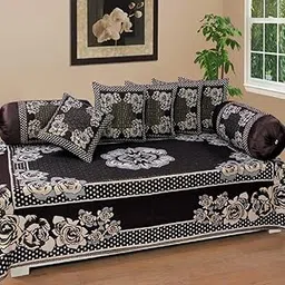 FRESH FROM LOOM Velvet Floral Diwan Set Coffee - 1 Single Bedsheet with 2 Bolster Covers and 5 Cushion Covers (8pc Set) image 1