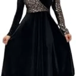 thapnath Women's Evening Wrap Dress, Black with Gold Sequin Sleeves, V-Neck, Midi Length-picture-50