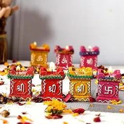 STLYZ Handmade Tulsi Wax Diyas for Diwali 4 pcs. Hand Painted Decorative Clay Mitti Diya with Wax Filled Deepak Lanterns for Diwali Decoration (1 Quantity = 1 Set of 4pcs.)-picture-17