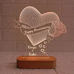 Personalised Heart LED Acrylic Lamp with Wooden Base | Custom Couple Names Night Light | Rose Design | Unique Anniversary Gift for Couples | Multicolor (DNFRO10M)-picture-15
