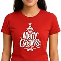 Women T-Shirts | Round Neck Regular Fit Cotton Half Sleeve Tshirts | Comfortable Unisex Casual Wear for Everyday Style - SPL Christmas - Red -3XL-image-86