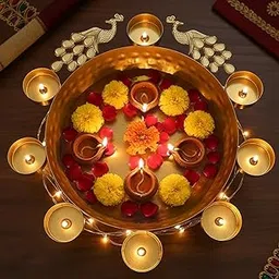 Go Hooked Golden Peacock Urli Bowl with Tealight Holders – 29 cm Handcrafted Metal Centerpiece for Decoration, Floating Flowers & Candles, Festive & Wedding Décor-image-8