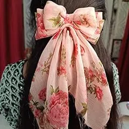 KAYPS WORLD Hair Bow Clip For Women | Luxury Georgette Fabric Printed Design | Large Size Bow Clip For Women & Girls- Barette Hair Clip | Long Back Cute Hair Accessories For Girls (Pink Color)-image-52