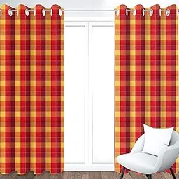 AIRWILL Cotton Checkered Pattern Eyelet Semi Sheer Curtains, 7 Feet, Red & Yellow, Pack of 2-image-16