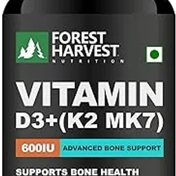Forest Harvest Nutrition Vitamin D3 (600 IU) with Vitamin K2 (MK7) (55 mcg) – Bone, Heart & Immunity Support | 120 Veg Capsules | WHO-GMP, HACCP, ISO & FSSAI Certified-image-1