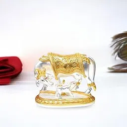 Gold Art India Kamdhenu Cow and Calf Idol | Gold & Silver Plated Matte Finish Decorative Murti | Sacred Gau MATA Statue for Home Temple & Gift-image-11