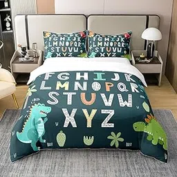 Alphabet Kids ABC Learning 100% Cotton Duvet Cover Full Size, Cartoon Dino Comforter Cover Kids Educational Nursery Art Bedding Set for Boys Girls Jungle Dino Bedspread Cover 3Pcs with 2 Pillow Case-image-12