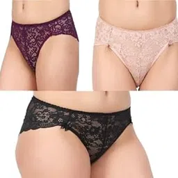 prime elegance Women's Net Bikini Panty (Pack of 3)|Ultra Comfort Polycotton Blend|for Daily & Special Wear| Fits Waist Size 28, 30 & 32|Purple, Black & Cream-picture-42